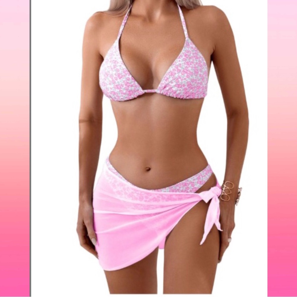 Pink Floral Triangle Bikini Set with Wrap Skirt